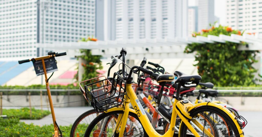 Colorful bicycles and e-scooter in a vibrant Singapore cityscape with modern architecture.